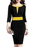 WOOSEA Women's 2/3 Sleeve Colorblock Slim Bodycon Business Pencil Dress (Medium, Black+Yellow)