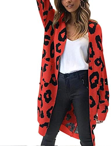 MOLFROA Womens Leopard Printed Long Sleeve Open Front Knit Pocket Long Sweater Cardigans