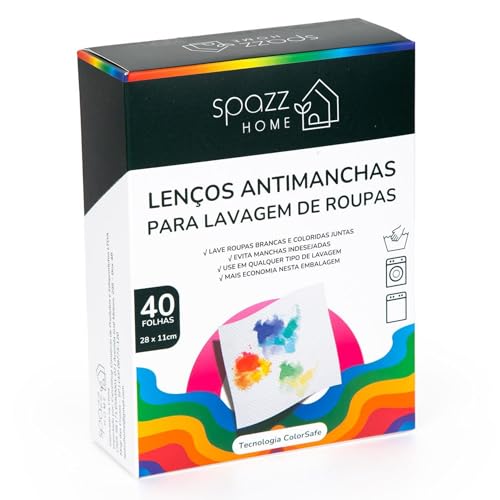 Spazz Home Lenços Antimanchas, 40 Folhas Grandes 28 x 11 cm, Proteção Contra Transferência de Cor, Ajuda a Evitar Manchas na Lavagem, Para Roupas Claras, Escuras e Coloridas