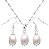 S925 Sterling Silver Created Pearl Drop Pendant Necklace and Earrings Set