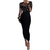 CHICME Women's Sexy Bodycon Midi Dress Mock Neck Long Sleeve Sheer Dresses Beaded Night Club Party Dresses