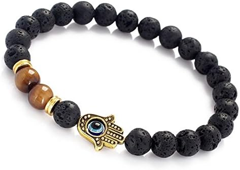 Dilusso Protection Tiger Eye Lava Rock Stone Hamsa Charm Energy Beaded Stretch Bracelet Men Women