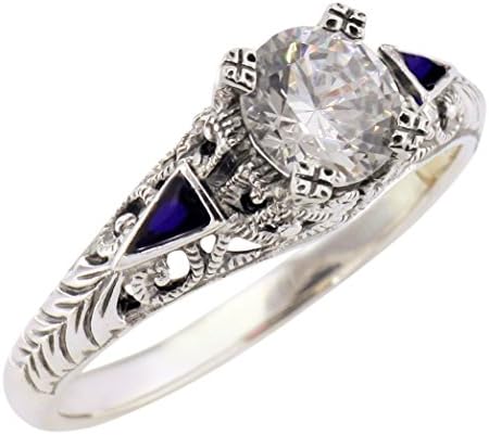 Art Deco Style Sterling Silver .85ct Cubic Zirconia and Enamel Ring (sz 7)