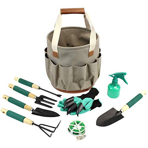 9 Piece Garden Tote and Tools Set, Garden Bucket Tool Kit Organizer with 18 Deep Pockets, Gardening Hand Tools and Supply Essentials Kit Includes Storage Bag, Weeder, Rake, Shovel, Trowel and More