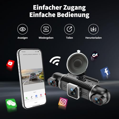 Dashcam Auto Vorne Hinten 4K/1080P,4 Kanal Auto Kamera mit 64GB SD-Karte,360°Dash Cam mit parküberwachung,4X140° Weitwinkel,3" IPS-Bildschirm,WDR Nachtsicht(8 IR-LEDs),G-Sensor,Loop-Aufnahme,WiFi App