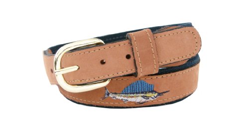 Zep-Pro Men's Tan Leather Embroidered Sailfish Belt, 42-Inch, Tan/Navy