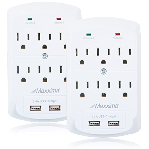 Maxxima 6 Outlet Dual USB Grounded Adaptor Plug 2.4A Port 300 Joules Surge Protector (2 Pack)