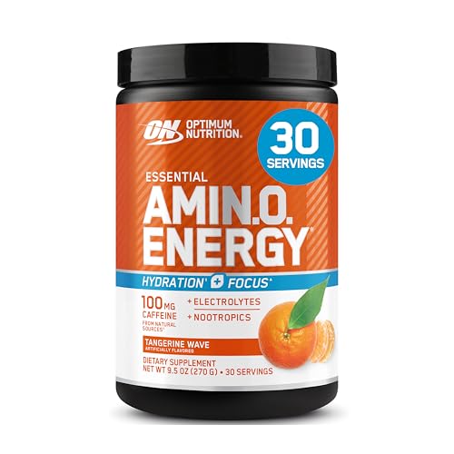 Optimum Nutrition Amino Energy Powder Plus Hydration, with BCAA, Electrolytes, and Caffeine, Tangerine Wave, 30 Servings (Packaging May Vary)