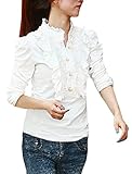 Allegra K Women Ruffle Neck Blouse Half Placket Stand Collar Puff Sleeve Shirts, X-Small / US 2, White