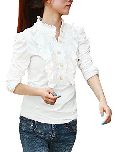 Allegra K Women Ruffle Neck Blouse Half Placket Stand Collar Puff Sleeve Shirts, X-Small / US 2, White
