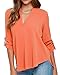 roswear Women's Casual V Neck Cuffed Sleeves Solid Chiffon Blouse Top Orange Medium