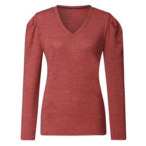 Aunimeifly Women V Neck Puff Long Ruched Lantern Sleeve Solid Blouse Fashion Simple Elegant Casual Slim and Fit Shirt Tops(Red,M)