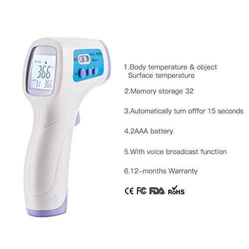 Digital Infrared Thermometer,iBazal IR Laser Thermometer, Electronic Forehead and Ear Temperature Gun for Baby, Adult, Pet, Food, Multi-Function/Non-Contact/Instant Reader(Battery Included)