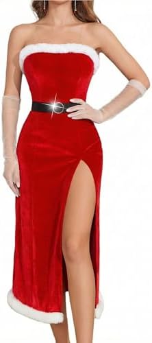 off the shoulder mrs claus dress Michellecmm Women's Christmas Santa Dress Deluxe Mrs. Claus Costume Off  Shoulder Long Sleeve Bodycon Mini Dress