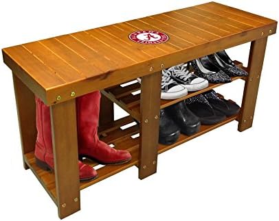 New Walnut Finish Storage Bench featuring Alabama Crimson Tide Round Themed logo!