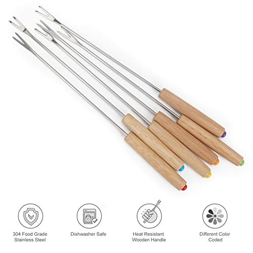 STYDDI Fondue Fork, 18Pcs Stainless Steel Color Coding Fondue Forks with Oak Wood Handle Heat Resist - //coolthings.us