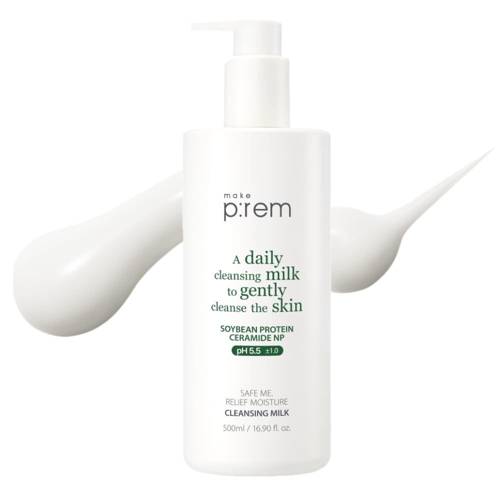 MAKE P:REM Safe Me. Relief Moisture Cleansing Milk, Hydrating Gentle Face Wash for Sensitive Skin with Soy Protein, Korean Milky Cleanser, Korean Skin Care, 16.90 fl.oz (500ml) Image