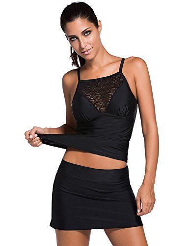 LookbookStore Women's Sexy Black Lace Two-Piece Swimsuits Tankini Skirtini Set Size S