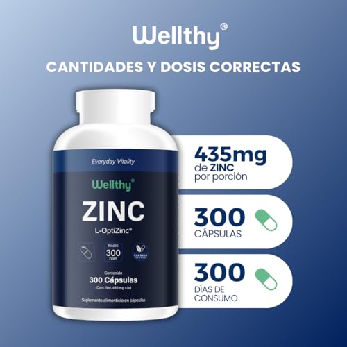 Wellthy Zinc Premium 300 Cápsulas. Hecho con L-Optizinc, fórmula de Alta Absorción patentada por el Laboratorio Suizo Lonza. 220 Porciones, 10 meses de consumo, V Caps Cápsulas Veganas.