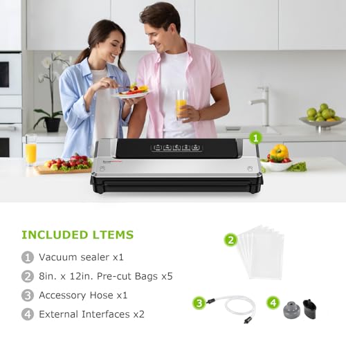 Bonsenkitchen Vacuum Sealer Machine | Compact Food Sealer for Kitchen Storage & Meal Prep | Multiple Modes​​ | External Vacuum System | 5 Bags, Silver​​