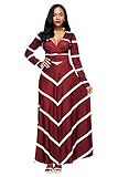 Women's Striped Print V Neck Long Sleeve Maxi Casual Chevron Dress XX-Large Red