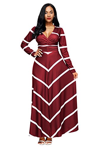 Women's Striped Print V Neck Long Sleeve Maxi Casual Chevron Dress Medium Red