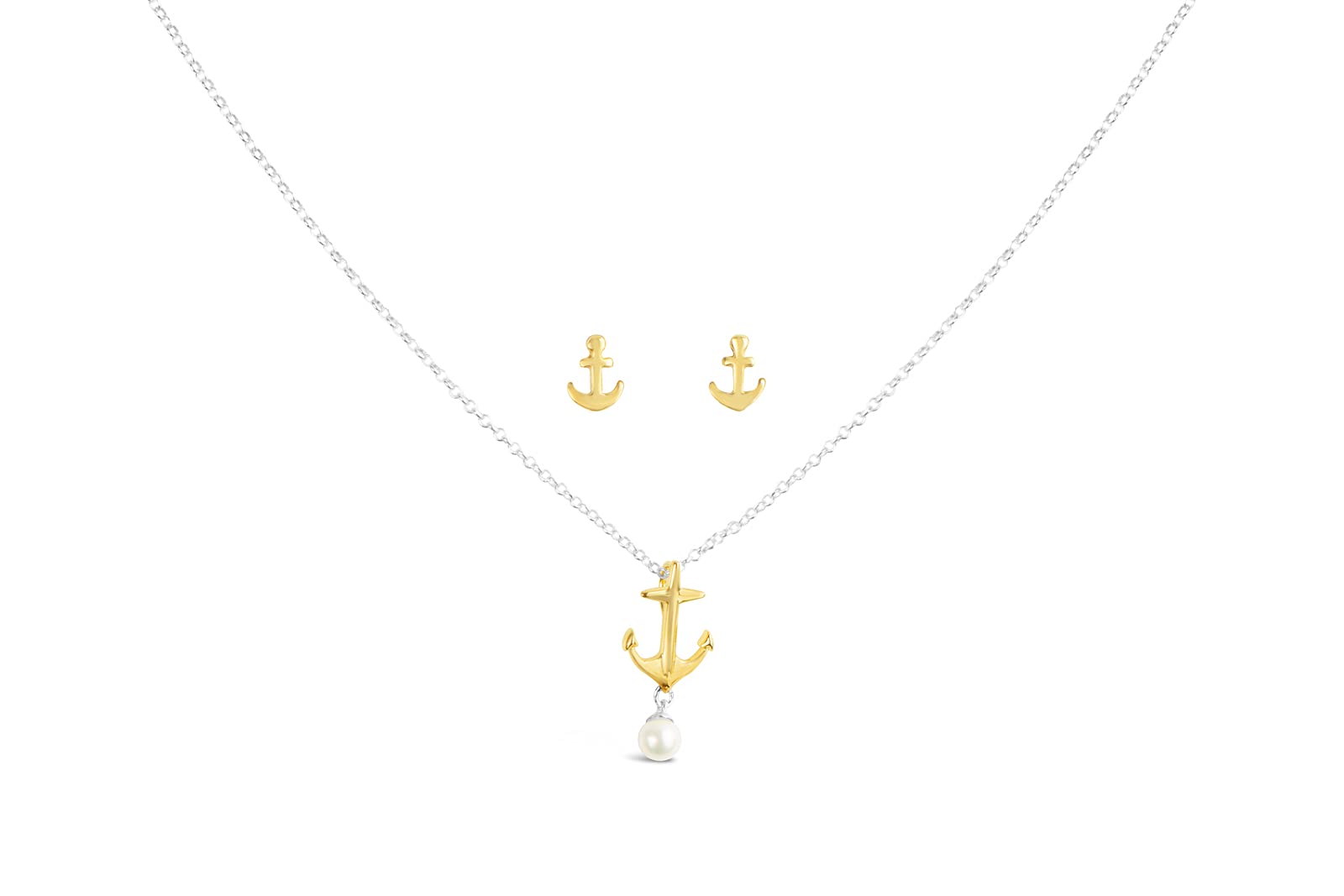 Dur Women's Anchor Stud Earrings and Chain with Pendant 925 Sterling Silver Gold-Plated and Polished K2526 O5160, Sterling Silver,