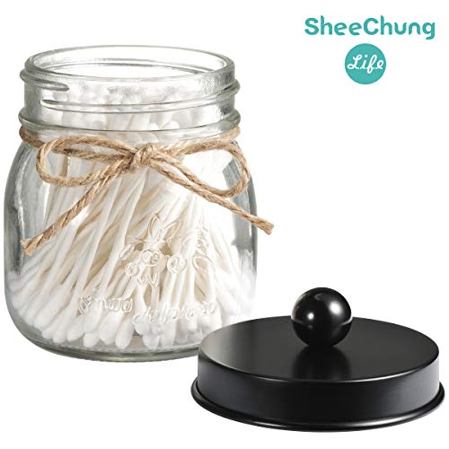 sheechung - juego de tarros de boticario, tarro de masón para decoración de baño, organizador de almacenamiento de tocador, dispensador de soporte de vidrio de calidad premium para qtips, hisopos de algodón, bola - tapa de acero inoxidable