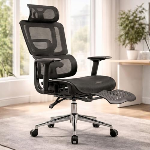 Cadeira Escritório Ergonômica Presidente XXL 200kg com Apoio para Pés Retrátil, Encosto Mesh Respirável, Apoio de Cabeça, Braços Ajustáveis, Reclinável e Base Cromada Premium Home Office (Preta)
