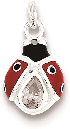 925 Sterling Silver CZ Black &amp; Red Enameled Polished Lady Bug Open-back Charm Pendant