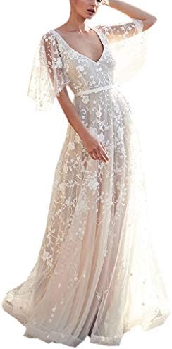 Pervobs Womens Elegant Short Sleeve Lace V Neck Backless Flowy Swing Gown Evening Party Dress