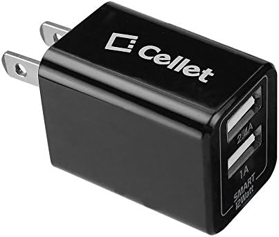 Cellet 12 Watt (2.4 Amp) Universal Dual USB SmartID Home and Travel Charger for iPad Air and Mini, Samsung Galaxy and Note, iPhone 7 / 6s / Plus, LG, Nexus, and More (Micro USB Cable Included) - Black