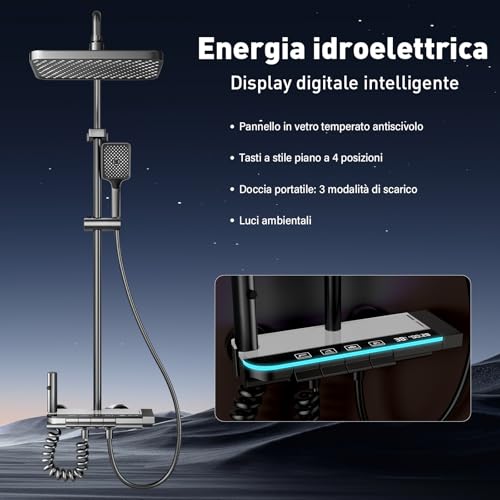 Koeutoze Sistema Doccia con display digitale a LED, soffione doccia XL a pioggia, doccetta, getto ausiliario e rubinetto a cascata – Acciaio inossidabile – Colonna Doccia Regolabile (Grigio)