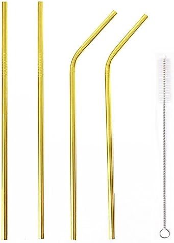 4 Pack Gold Stainless Steel Straws 8.5'' Long Reusable Drinking Straws for 20oz Tumblers Cold Beverage (2 Straight + 2 Bent + 1 Brush) (8.5“ Long, Gold)