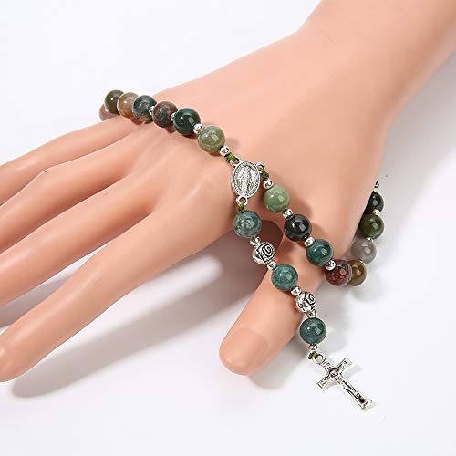 BALIBALI Handmade 8mm Anglican Prayer Beads Rosary Jade Natural Stone Rosary Beads with Pardon Crucifix Cross Custom Rosary (Silver(India Agate))