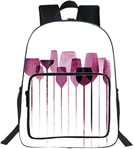 19" Large Casual Backpack,Wine,Conceptual Collage Artwork with Paper Textured Party Glasses Alcohol Drink Print Decorative,Fuchsia Purple,for Boys Girls
