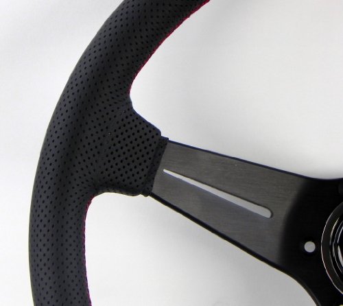 Nardi Steering Wheel - Deep Corn - 350mm (13.78 inches) - Black Perforated Leather with Red Stitching - Classic Horn Button - Part # 6069.35.2093