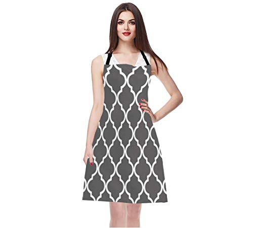 WONDERTIFY-Gray-Moroccan-Lattice-ApronClassic-Quatrefoil-Trellis-Ornament-Modern-Elegant-Neutral-Bib-Apron-with-Adjustable-Neck-for-Men-WomenSuitable-for-Home-Kitchen-Cooking-Waitress-Chef-Apron