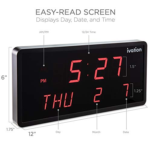 Ivation Big Oversized Digital Blue LED Calendar Clock with Day and Date