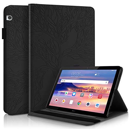 Succtop Huawei Mediapad T5 10 Case PU Leather Flip Wallet Card Slot Multifunction Tablet Protective Case Standing Function and Pen Holder for Huawei Mediapad T5 10 10.1 Inch 2018, Black