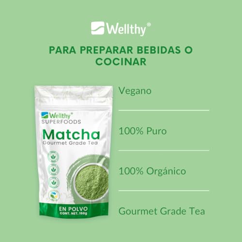 Wellthy Superfoods Té Matcha en Polvo 150g. 75 Porciones Por Envase, Certificado Orgánico, 100& Natural, Excelente para Bebidas Frías o Calientes. Bottle Free.