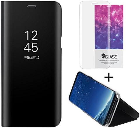 Hanglong Clear View Standing Cover Flip Case For Samsung Galaxy S8 (With One Tempered Glass Screen Protector)-Black