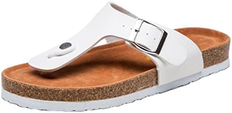 Cayuan Womens Lady Toe Post Flip Flops Cork Sliders Sandals PU Strap Flat Shoes Flip Flop with Metallic Buckle Summer