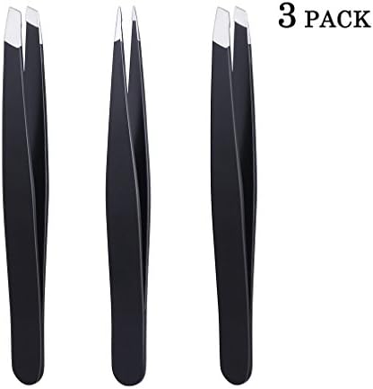 Eyebrow Tweezers Set, 2PcsSlant Tip Tweezer and 1Pc Pointed Tip Tweezer, Stainless Steel Tweezers Great for Eyebrows, Nose Hairs and Facial Hair, Black