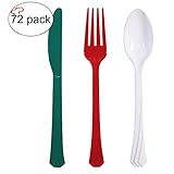 Tiger Chef Red Green White Christmas Flatware Party Supplies, Heavyweight Colored Plastic Silverware Includes 24 Forks, 24 Teaspoons, and 24 Knives (Christmas, 72)