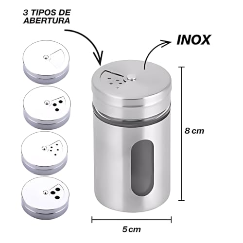 Kit 6 Porta de Temperos Saleiro Pimenteiro Inox e Vidro Conjunto Premium Aço Inoxidável com Visor Tampa Giratória 3 níveis para Condimentos de Cozinha