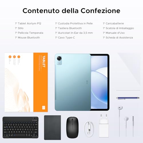 P12 Tablet 12 Inch 2.4 K Android Tablet 16,120Hz,48GB+128GB/2TB TF,Blue | FHD,10000mAh/Fast Charge 18W,OTG, T7280 Octa-Core,2.2GHz,Gemini AI/WidevineL1/WiFi5,Keyboard,Pen,Ultrathin Metal