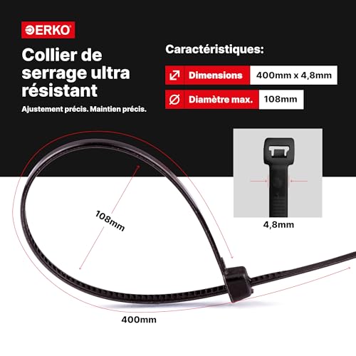 ERKO 100 Pieces Professional Cable Ties 400 x 4.8 mm Cable Tie Handle Black Color Temperature Resistant