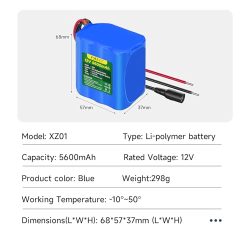 Mspalocell Rechargeable 12V 5600mAh Lithium ion Battery Pack with Charger Bare Leads Wire for 12V Devices RC Car,LED Strip,DIY Project,Electronic Organ,Optical Network Unit,CCTV Camera,Solar Panel