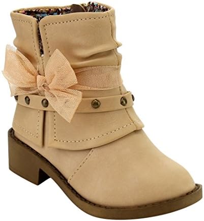 Happy Soda Infant's Bow Stud Inside Zipper Block Heel Ankle Booties, Color:BLONDE, Size:7 M US Toddler